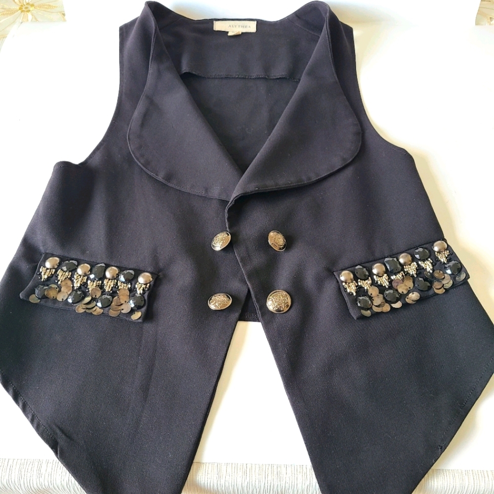 Alythea Black Vest with  Beaded Patched pocket s